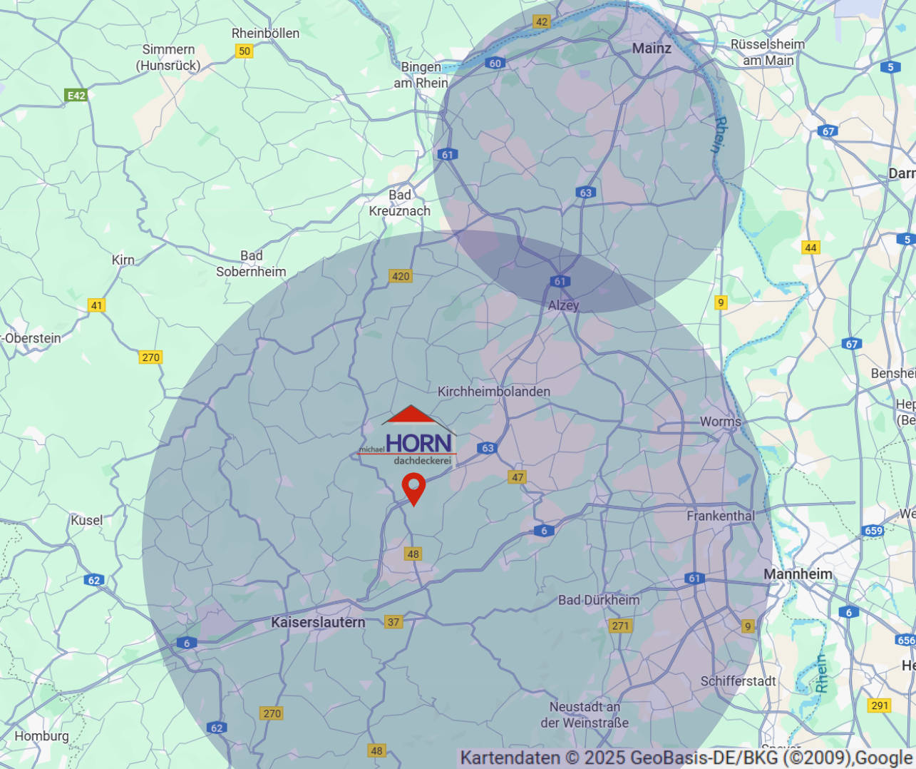 Einsatzregion der Dachdeckerei Horn